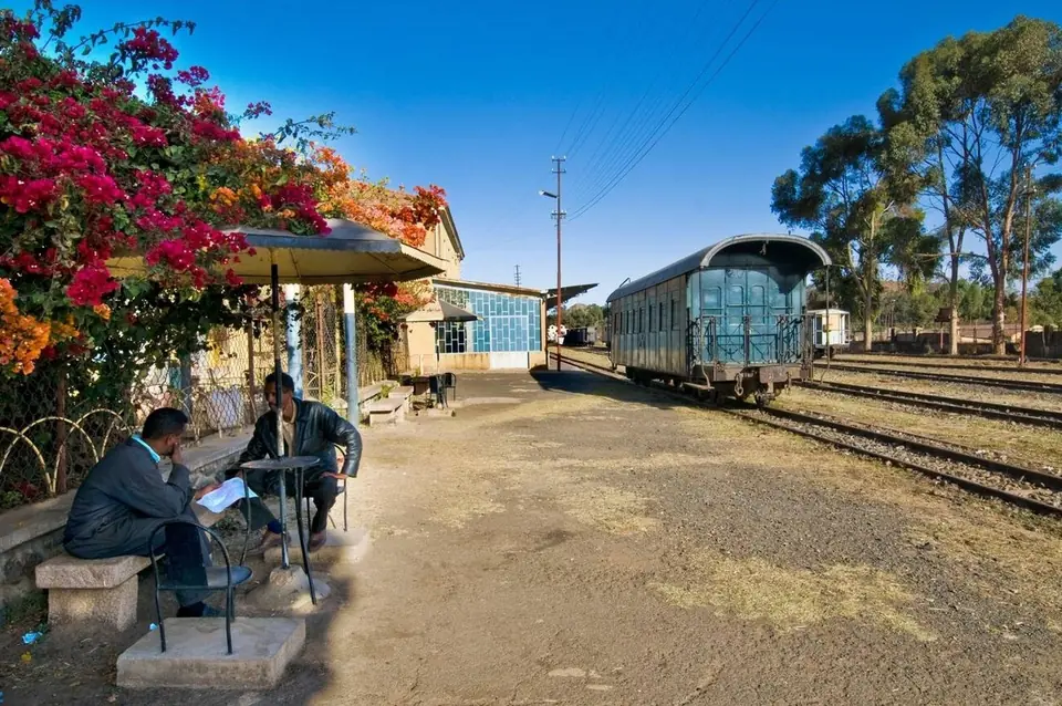 A railway station shaded by bougainvillea