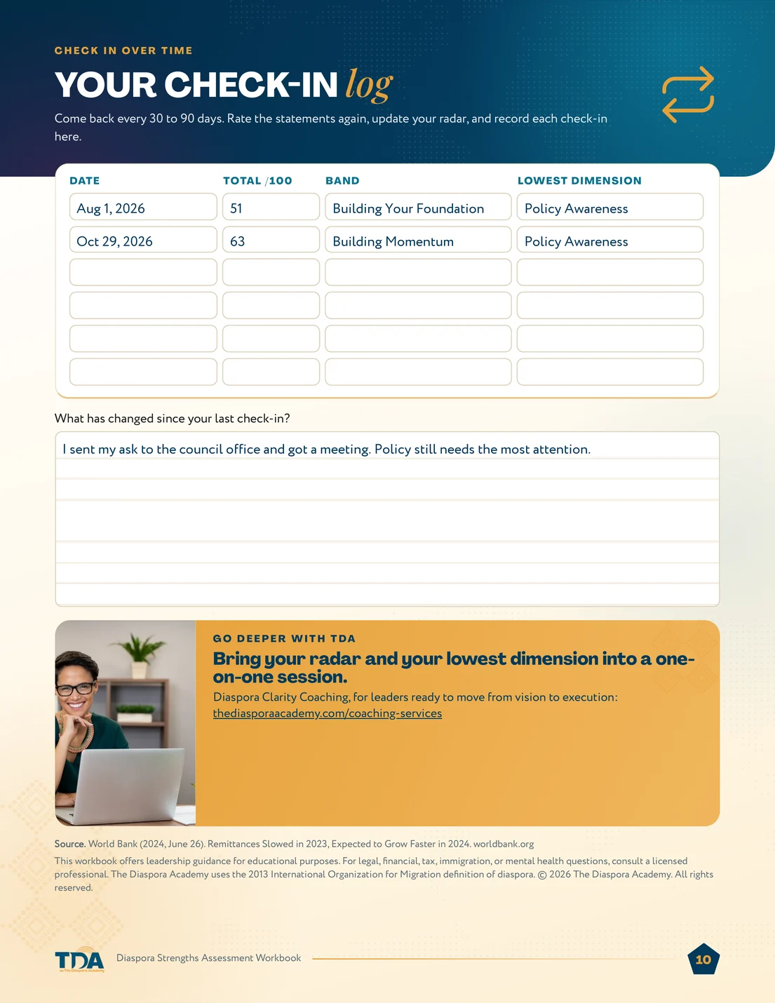 Sample workbook page: Track your check-ins